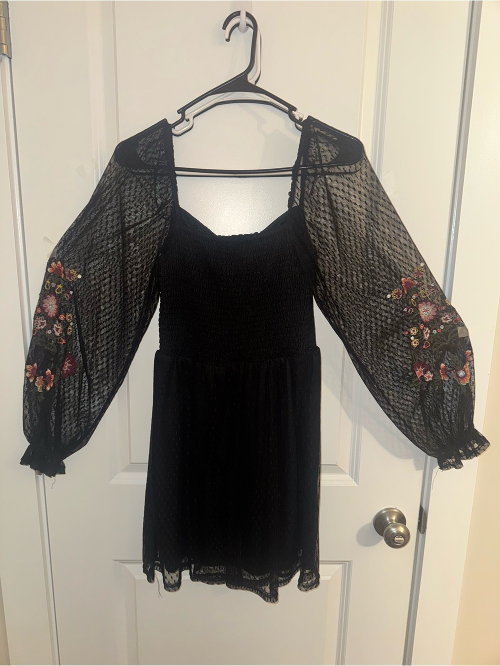 miami Black Mini Dress with Floral Embroidered Bishop Sleeves